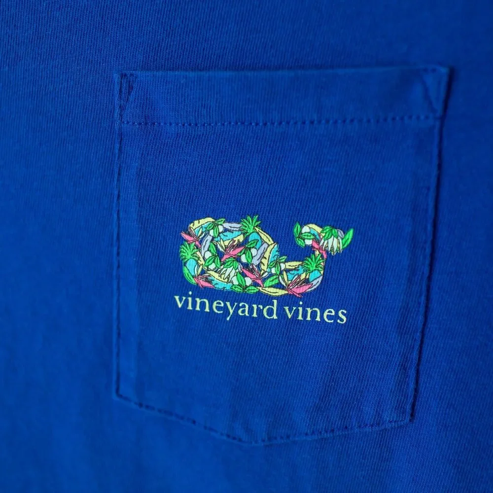 Vineyard Vines Youth Large Blue Tropical Whale Graphic Pocket T-Shirt Cotton